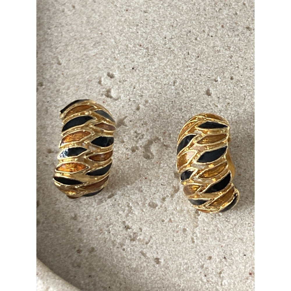 Gold Tone Enamel Half Hoop Clip On Earrings Black & Honey Leaf Design Couture